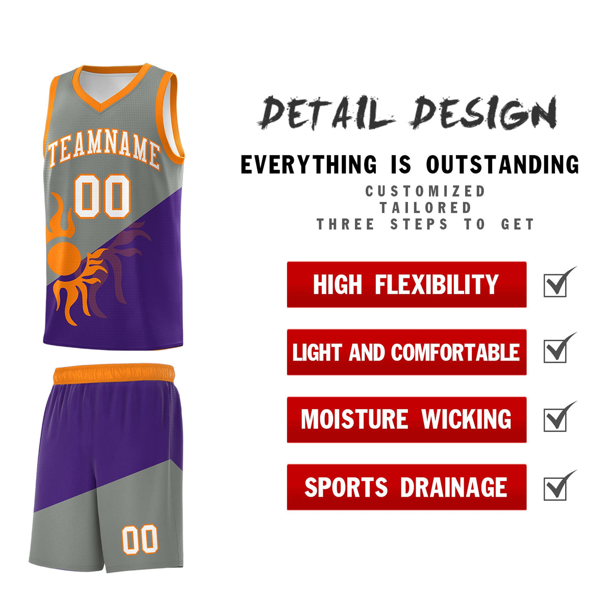 Custom Youth Basketball Jerseys - Gray Purple Sunburst Design Two Tone Uniforms