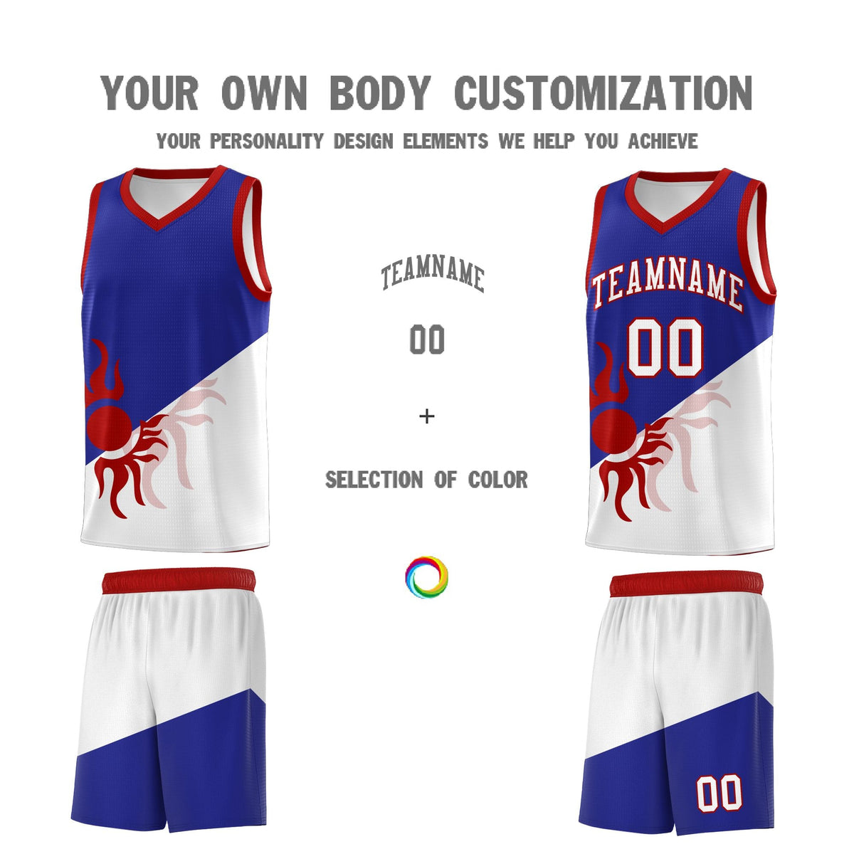 Custom Youth Basketball Jerseys - Royal White Radiant Sun Design Two Tone Uniforms