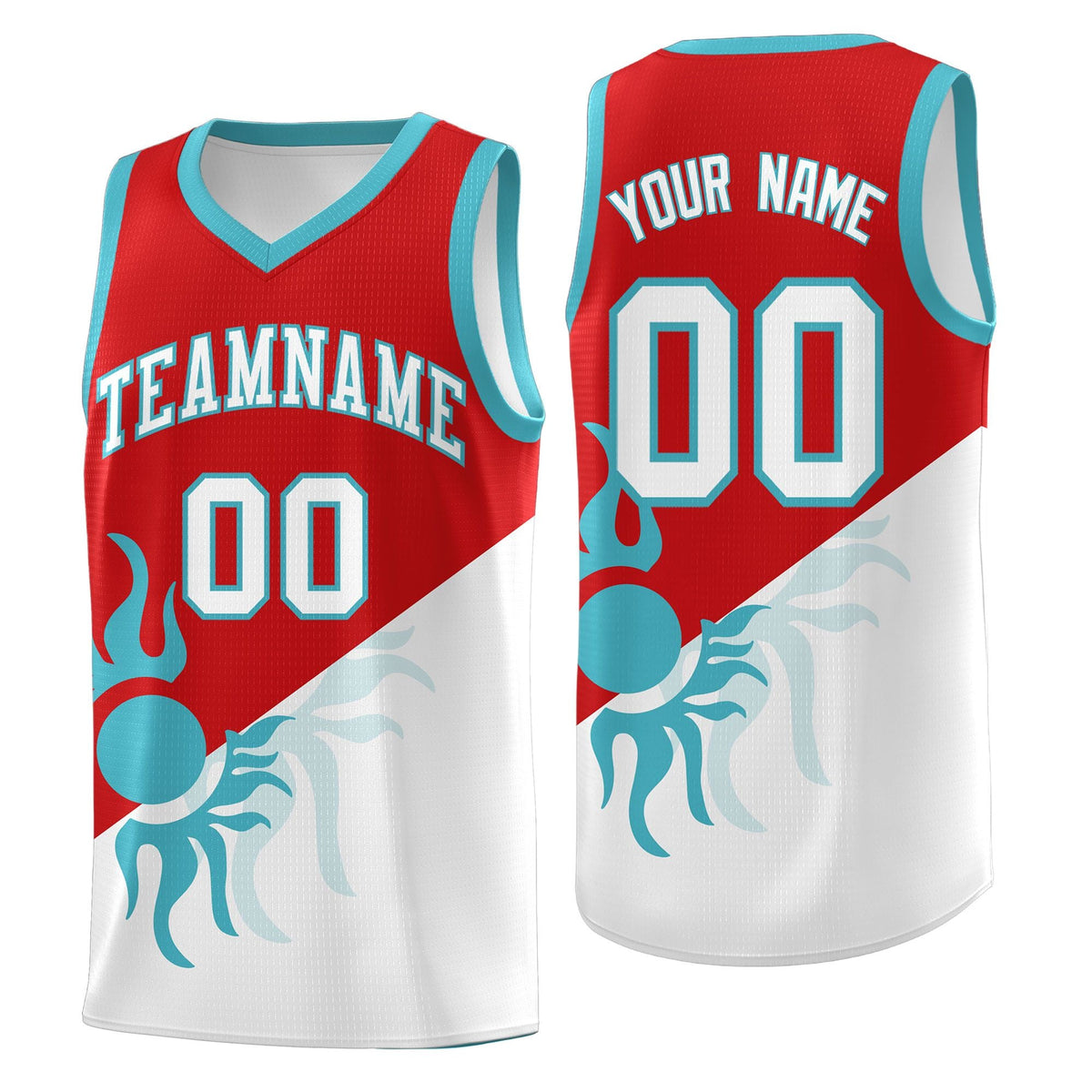 Custom Youth Basketball Jerseys - Red White Radiant Sun Design Two Tone Uniforms