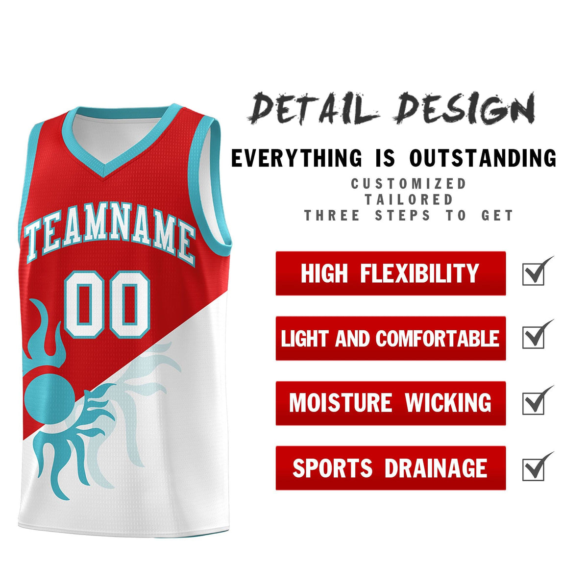 Custom Youth Basketball Jerseys - Red White Radiant Sun Design Two Tone Uniforms