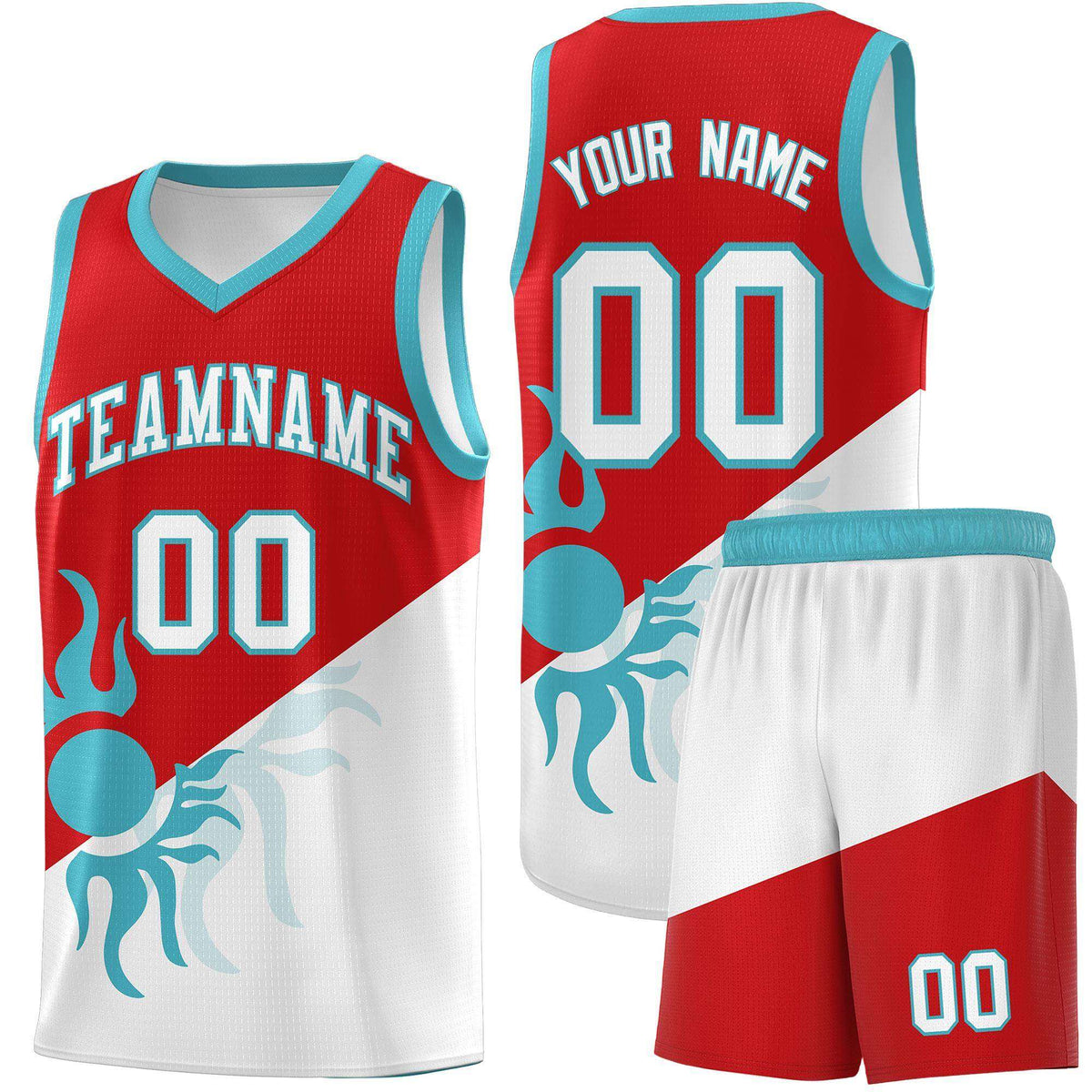 Custom Youth Basketball Jerseys - Red White Radiant Sun Design Two Tone Uniforms