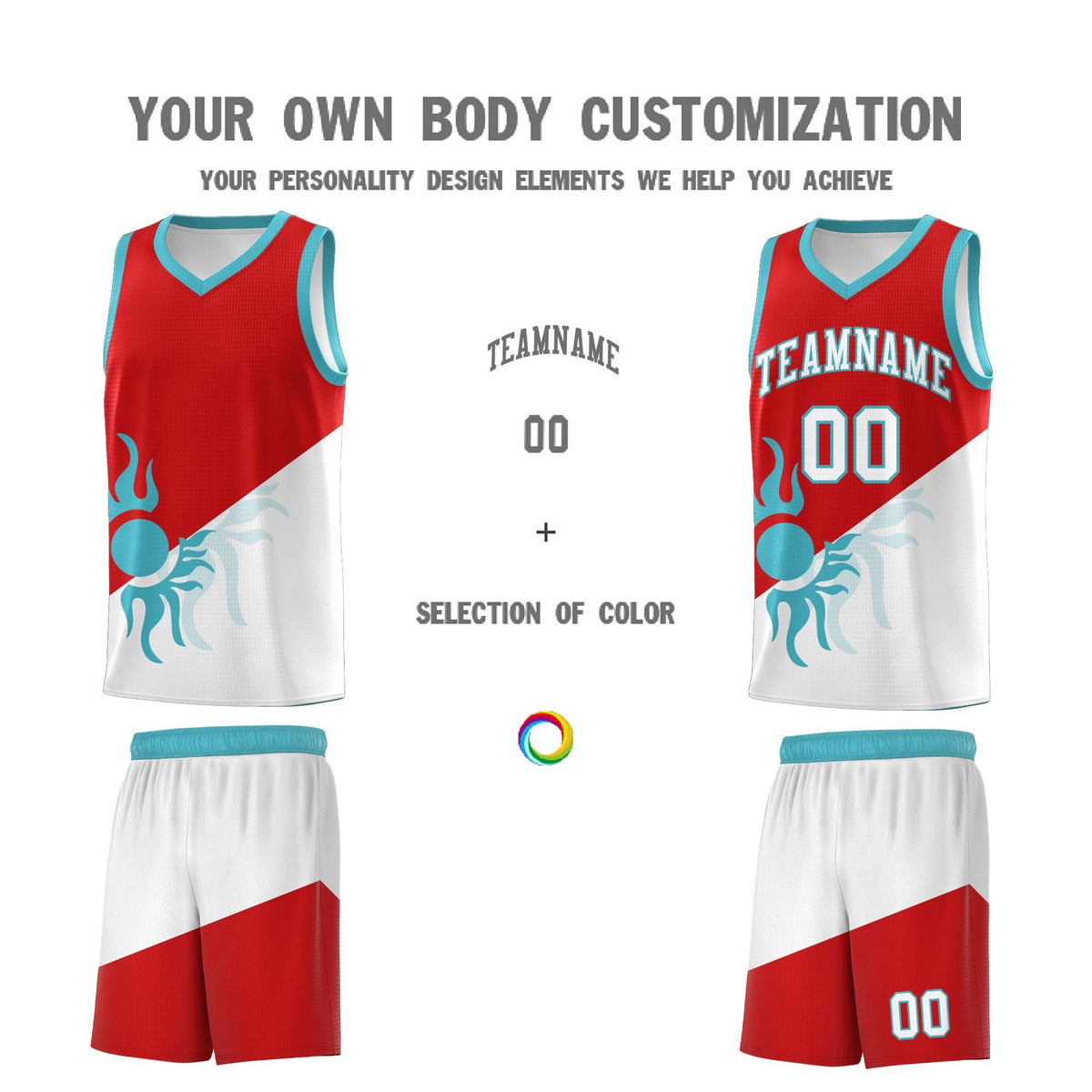 Custom Youth Basketball Jerseys - Red White Radiant Sun Design Two Tone Uniforms