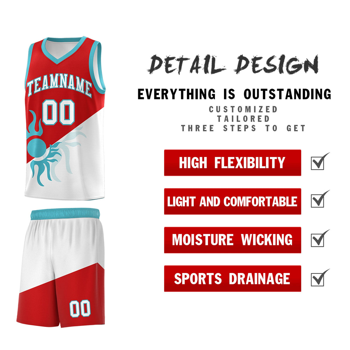 Custom Youth Basketball Jerseys - Red White Radiant Sun Design Two Tone Uniforms