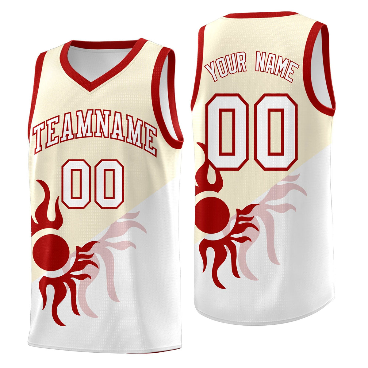 Custom Youth Basketball Jerseys - Cream White Radiant Sun Design Two Tone Uniforms