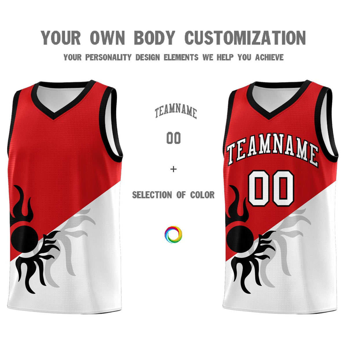 Custom Youth Basketball Jerseys - Red White Sunburst Design Two Tone Uniforms