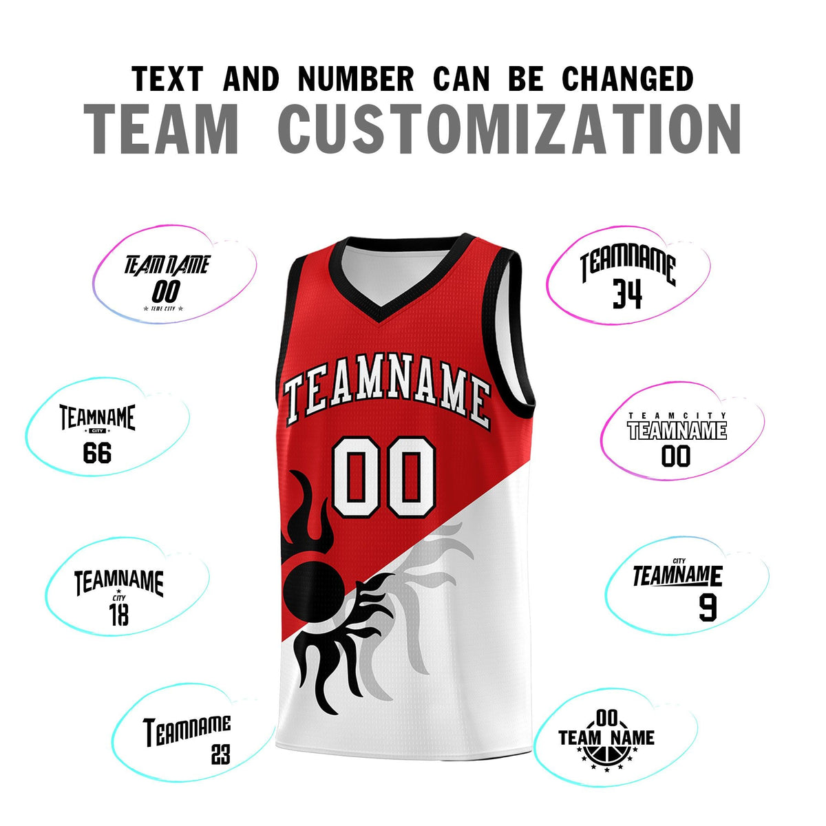 Custom Youth Basketball Jerseys - Red White Sunburst Design Two Tone Uniforms