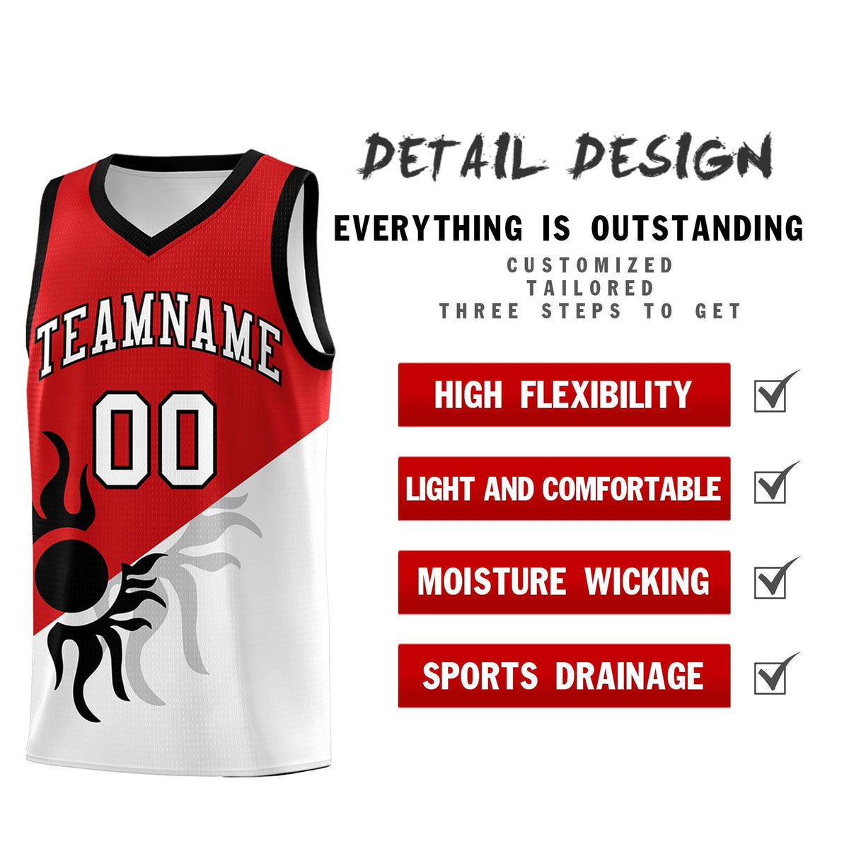 Custom Youth Basketball Jerseys - Red White Sunburst Design Two Tone Uniforms