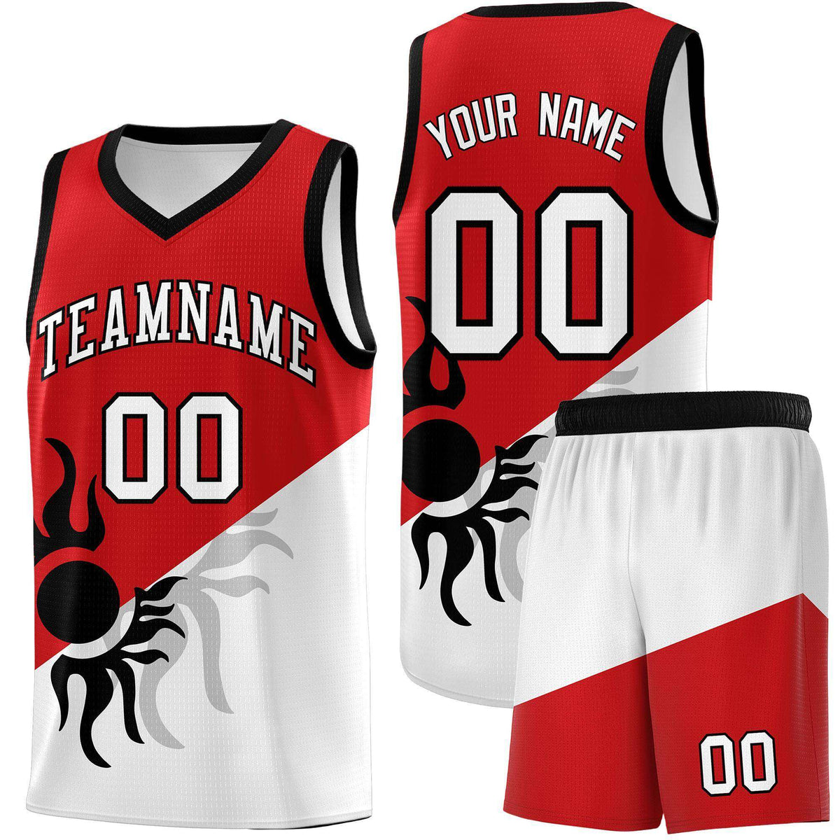 Custom Youth Basketball Jerseys - Red White Sunburst Design Two Tone Uniforms