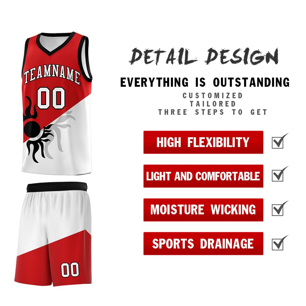 Custom Youth Basketball Jerseys - Red White Sunburst Design Two Tone Uniforms