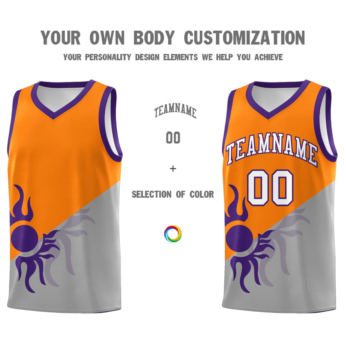 Custom Youth Basketball Jerseys - Orange Gray Sunburst Design Two Tone Uniforms
