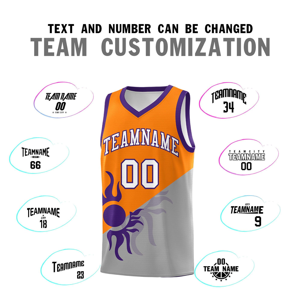 Custom Youth Basketball Jerseys - Orange Gray Sunburst Design Two Tone Uniforms
