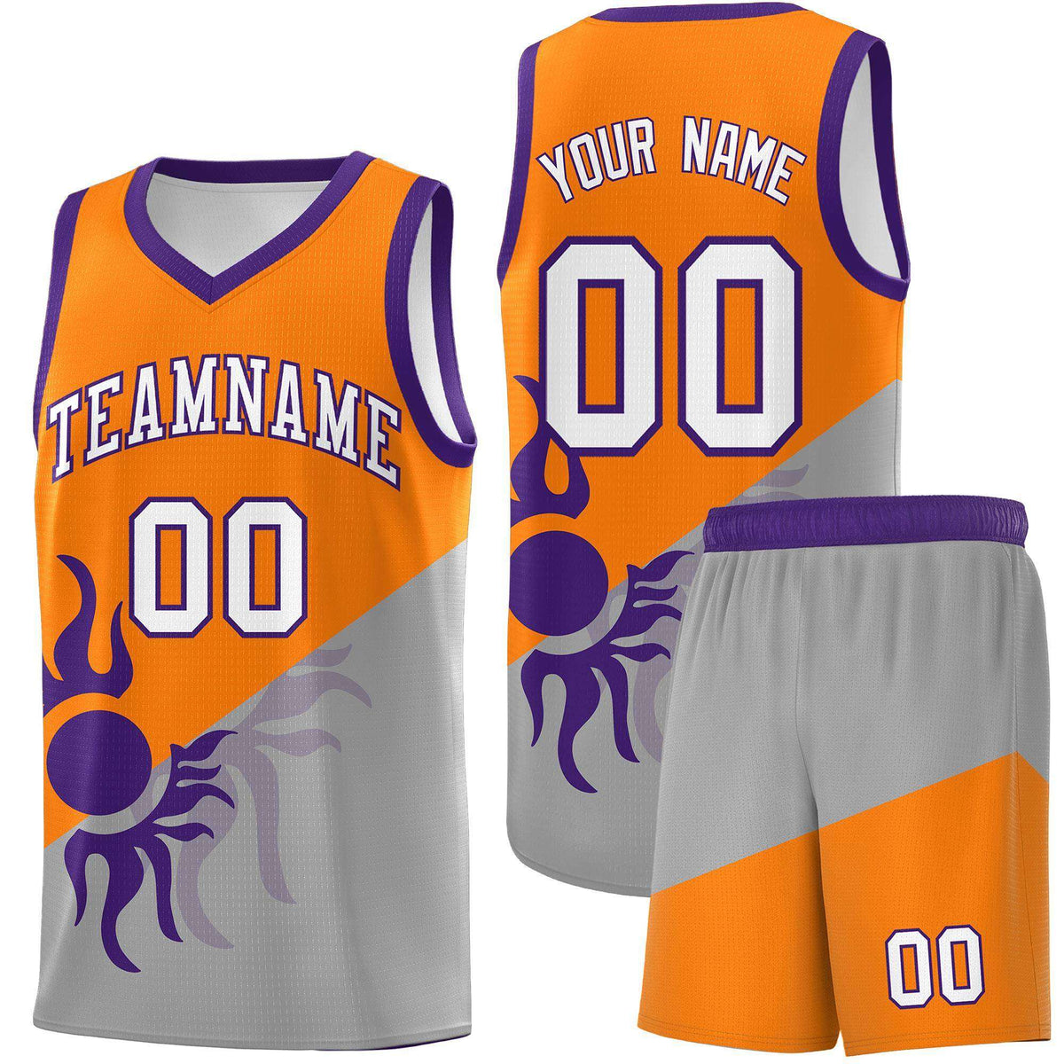 Custom Youth Basketball Jerseys - Orange Gray Sunburst Design Two Tone Uniforms
