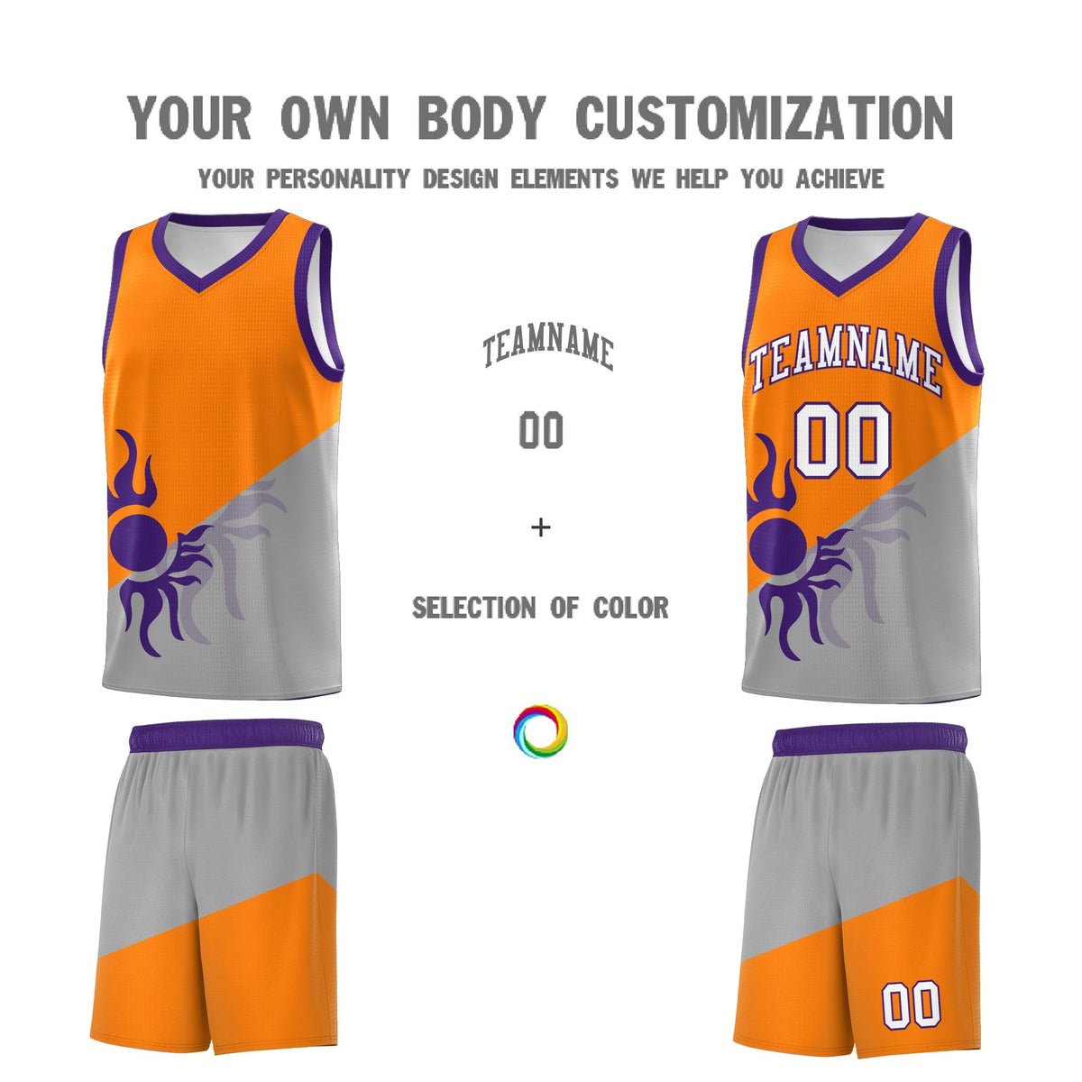 Custom Youth Basketball Jerseys - Orange Gray Sunburst Design Two Tone Uniforms