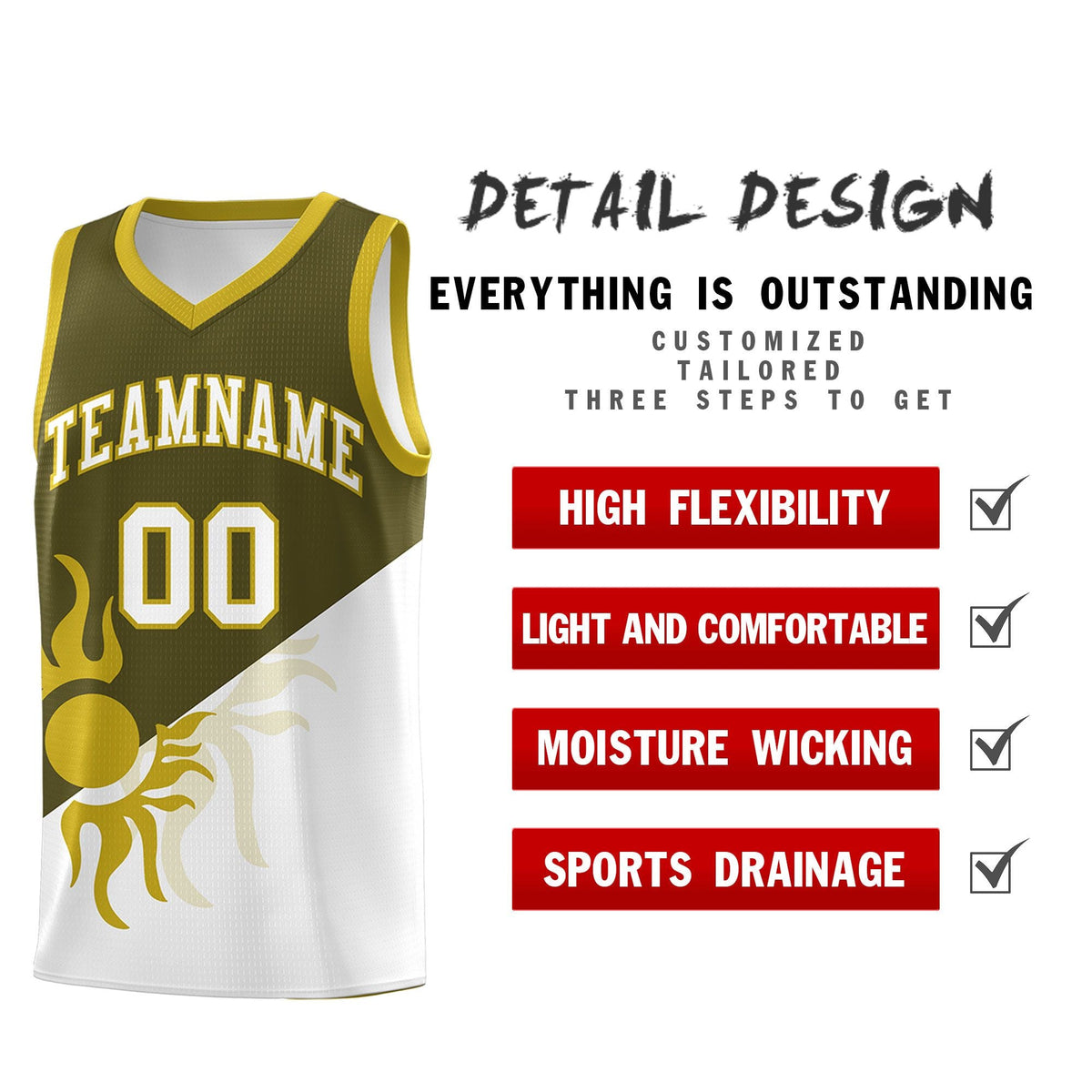 Custom Youth Basketball Jerseys - Olive White Sunburst Design Two Tone Uniforms