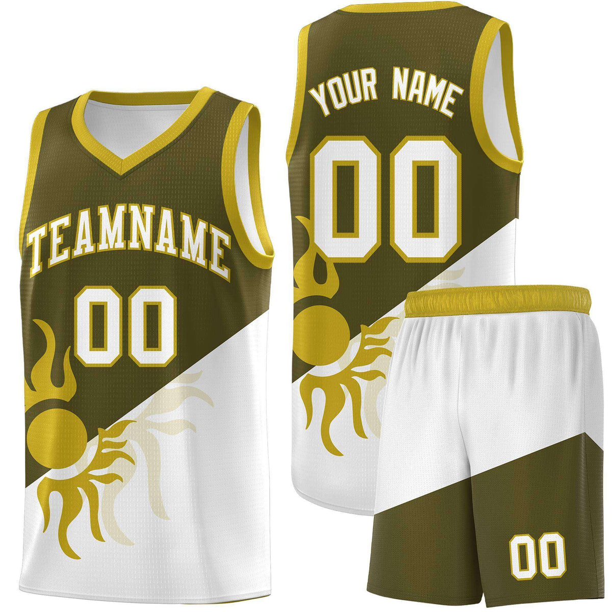 Custom Youth Basketball Jerseys - Olive White Sunburst Design Two Tone Uniforms