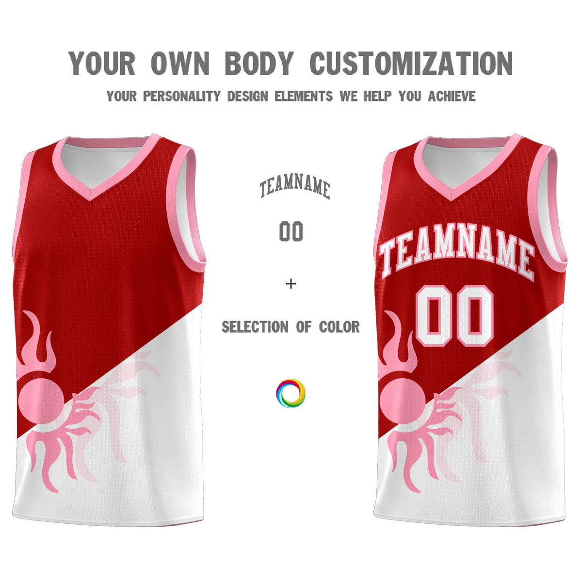 Custom Youth Basketball Jerseys - Red White Sunburst Design Two Tone Uniforms