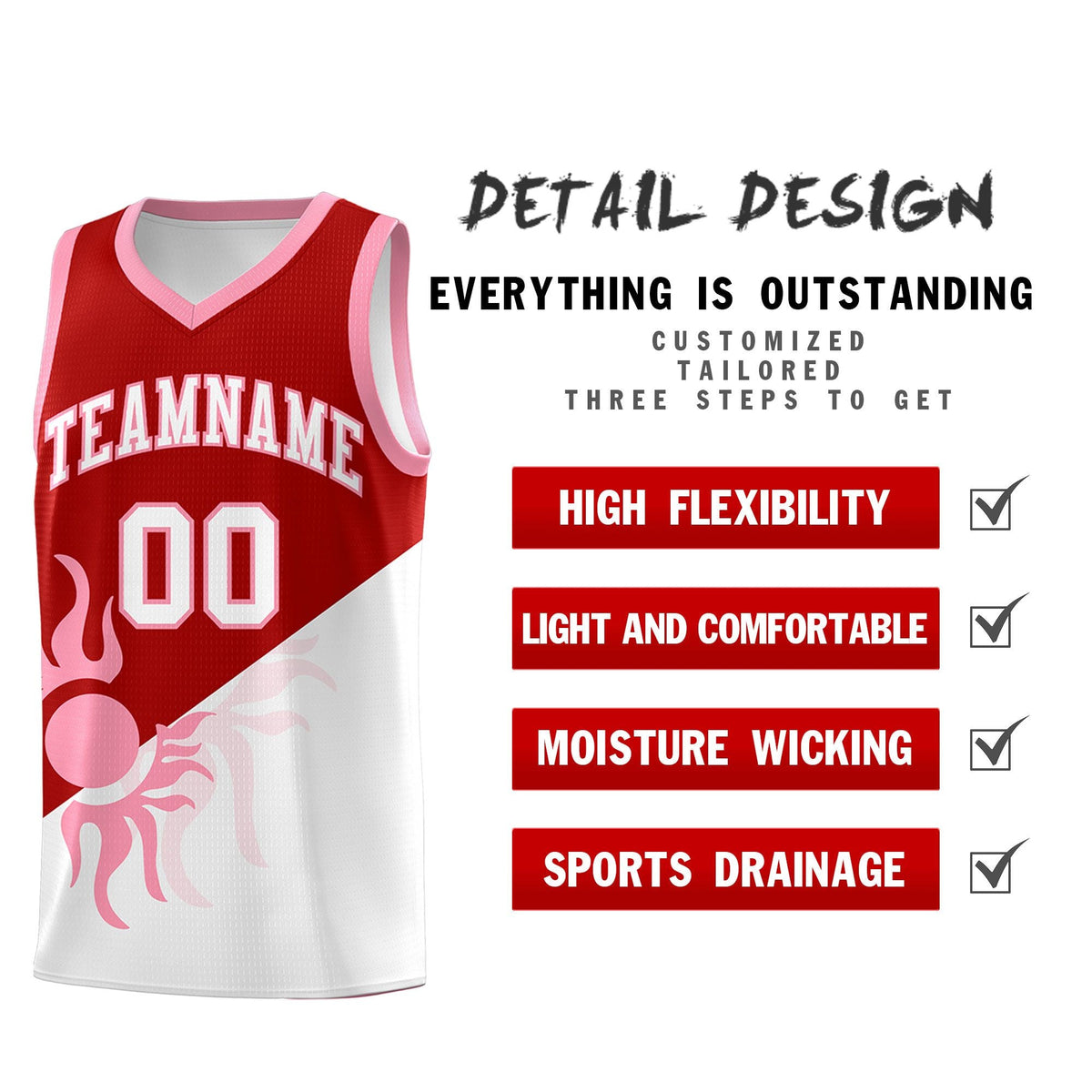 Custom Youth Basketball Jerseys - Red White Sunburst Design Two Tone Uniforms