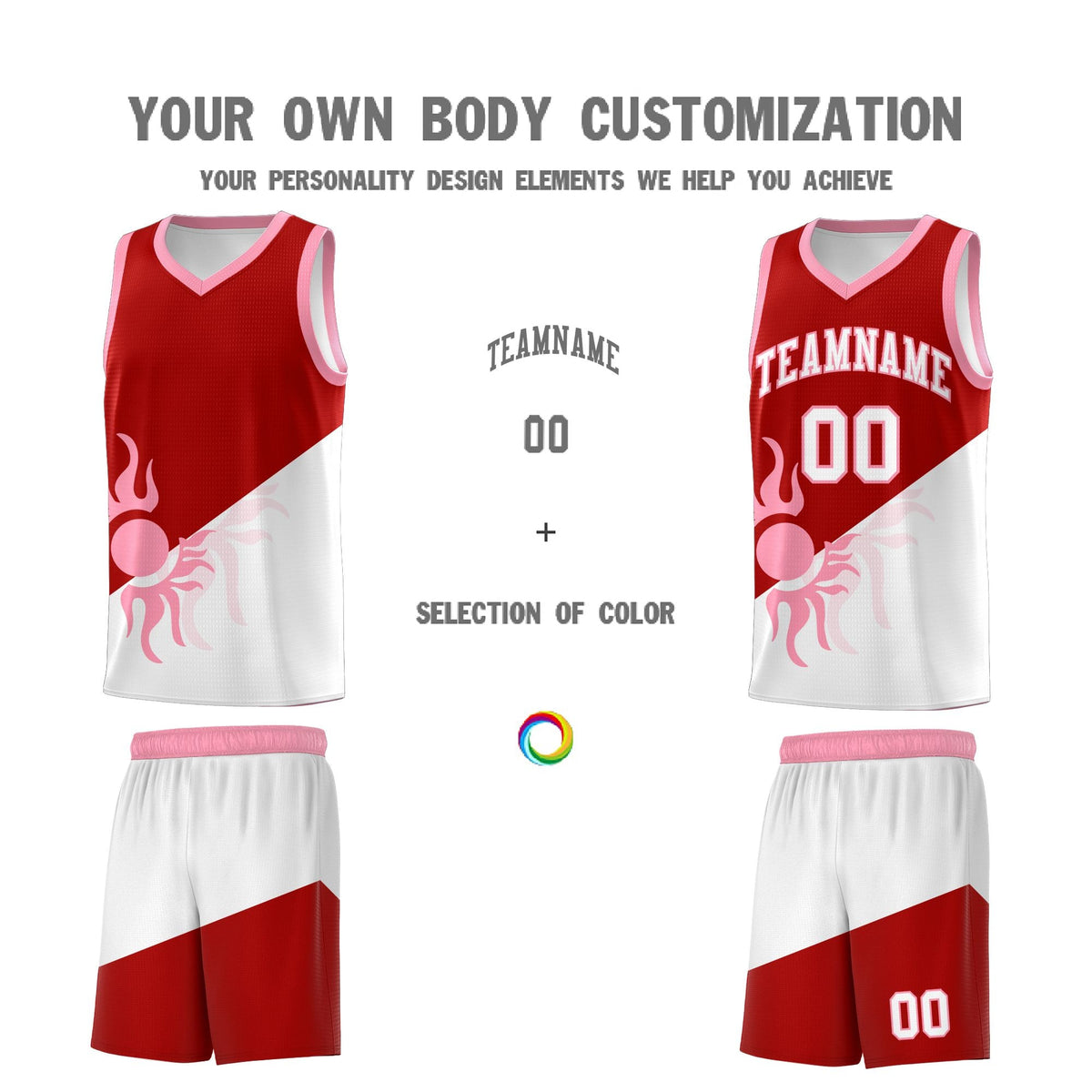 Custom Youth Basketball Jerseys - Red White Sunburst Design Two Tone Uniforms