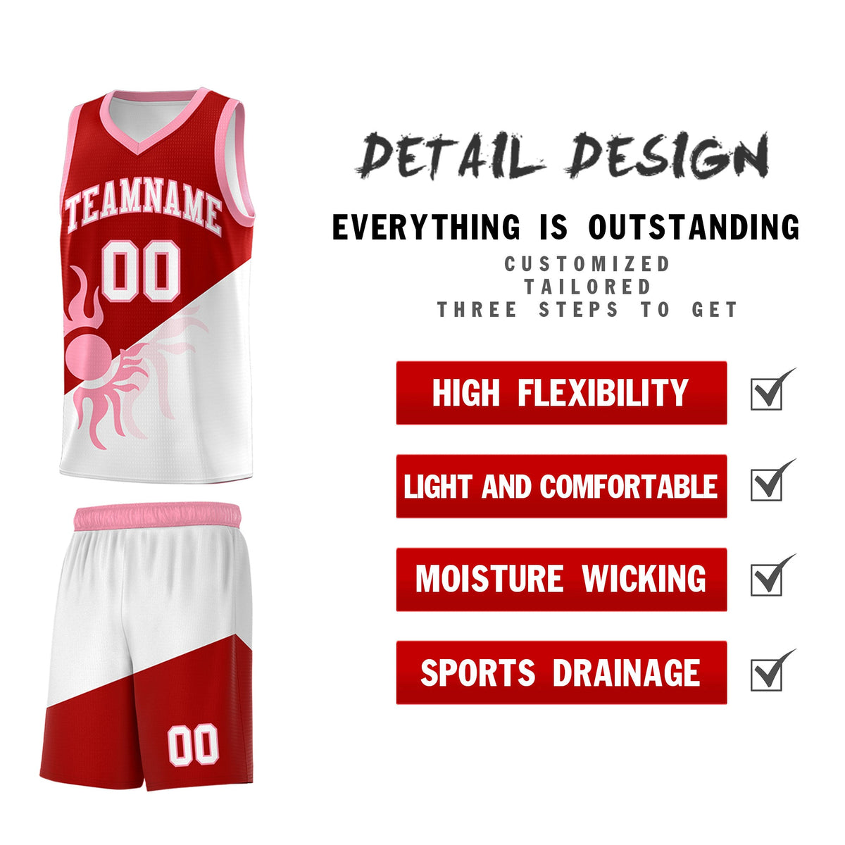 Custom Youth Basketball Jerseys - Red White Sunburst Design Two Tone Uniforms