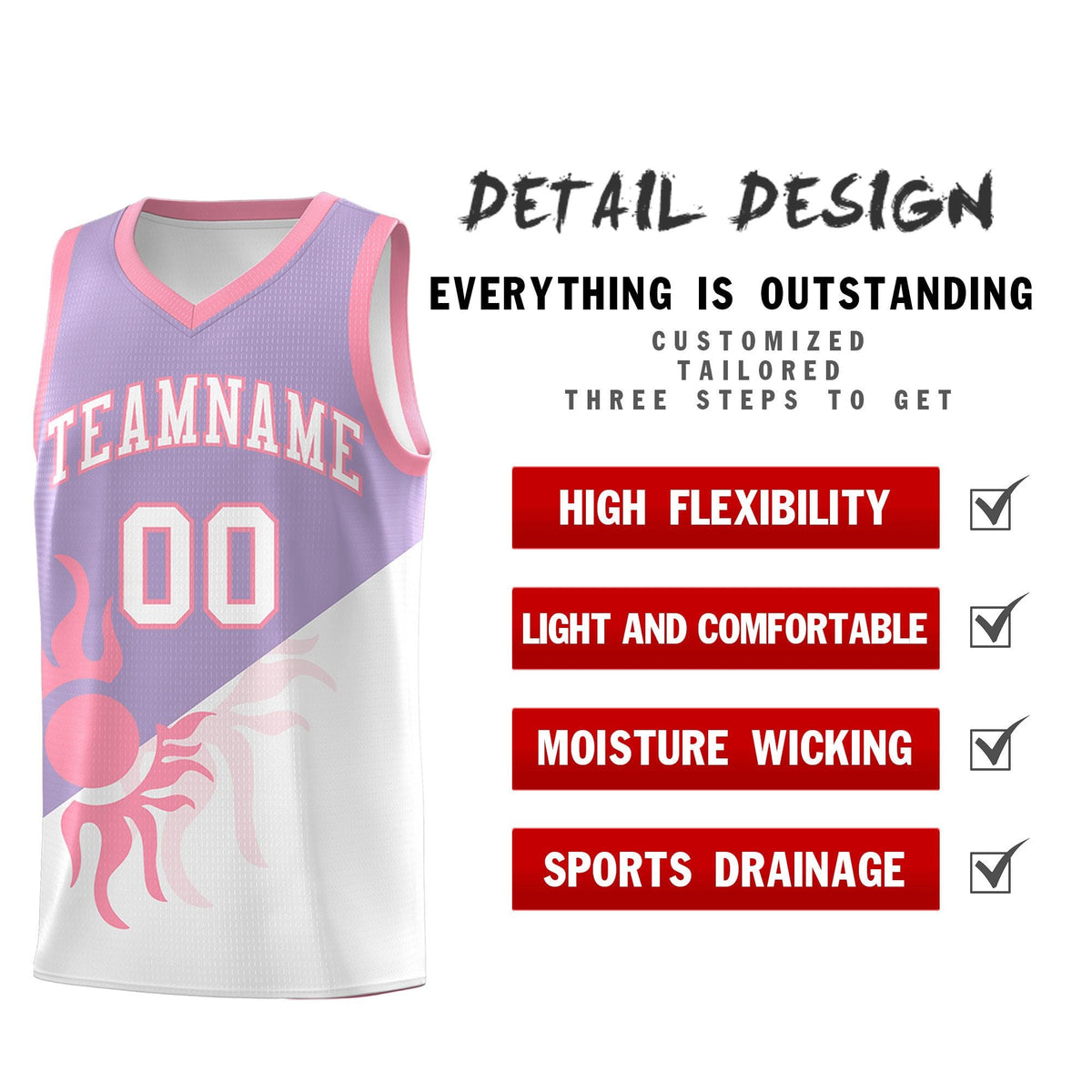 Custom Youth Basketball Jerseys - Light Purple White Radiant Sun Design Two Tone Uniforms