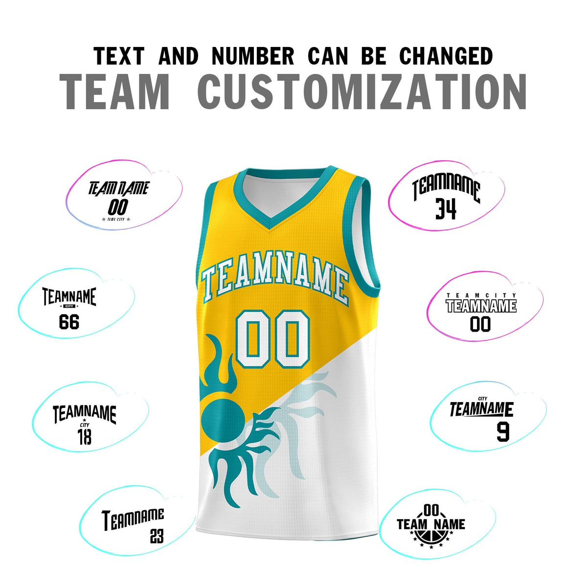 Custom Youth Basketball Jerseys - Yellow White Sunburst Design Two Tone Uniforms