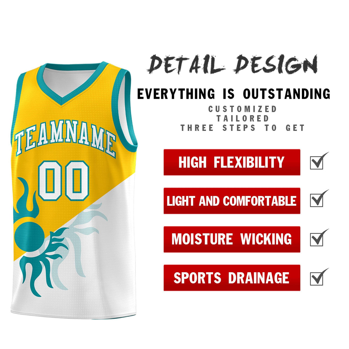 Custom Youth Basketball Jerseys - Yellow White Sunburst Design Two Tone Uniforms