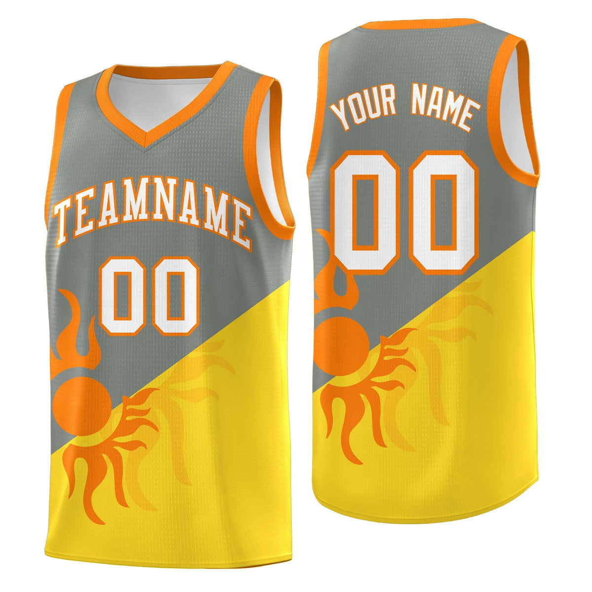 Custom Youth Basketball Jerseys - Gray Gold Radiant Sun Design Two Tone Uniforms