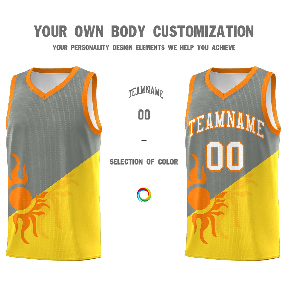 Custom Youth Basketball Jerseys - Gray Gold Radiant Sun Design Two Tone Uniforms