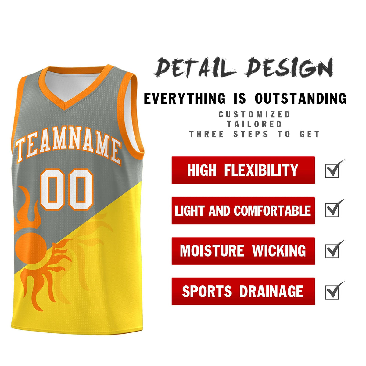 Custom Youth Basketball Jerseys - Gray Gold Radiant Sun Design Two Tone Uniforms