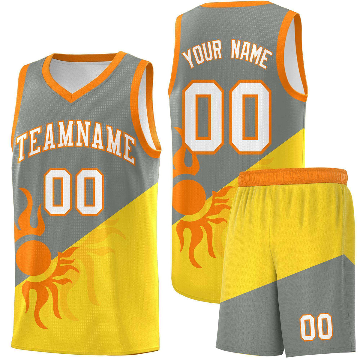 Custom Youth Basketball Jerseys - Gray Gold Radiant Sun Design Two Tone Uniforms