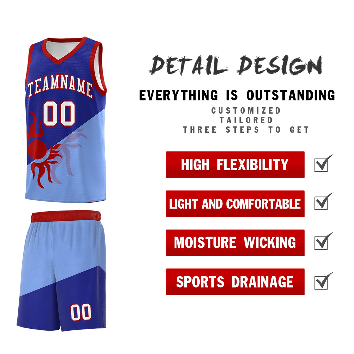 Custom Youth Basketball Jerseys - Royal Light Blue Sunburst Design Two Tone Uniforms