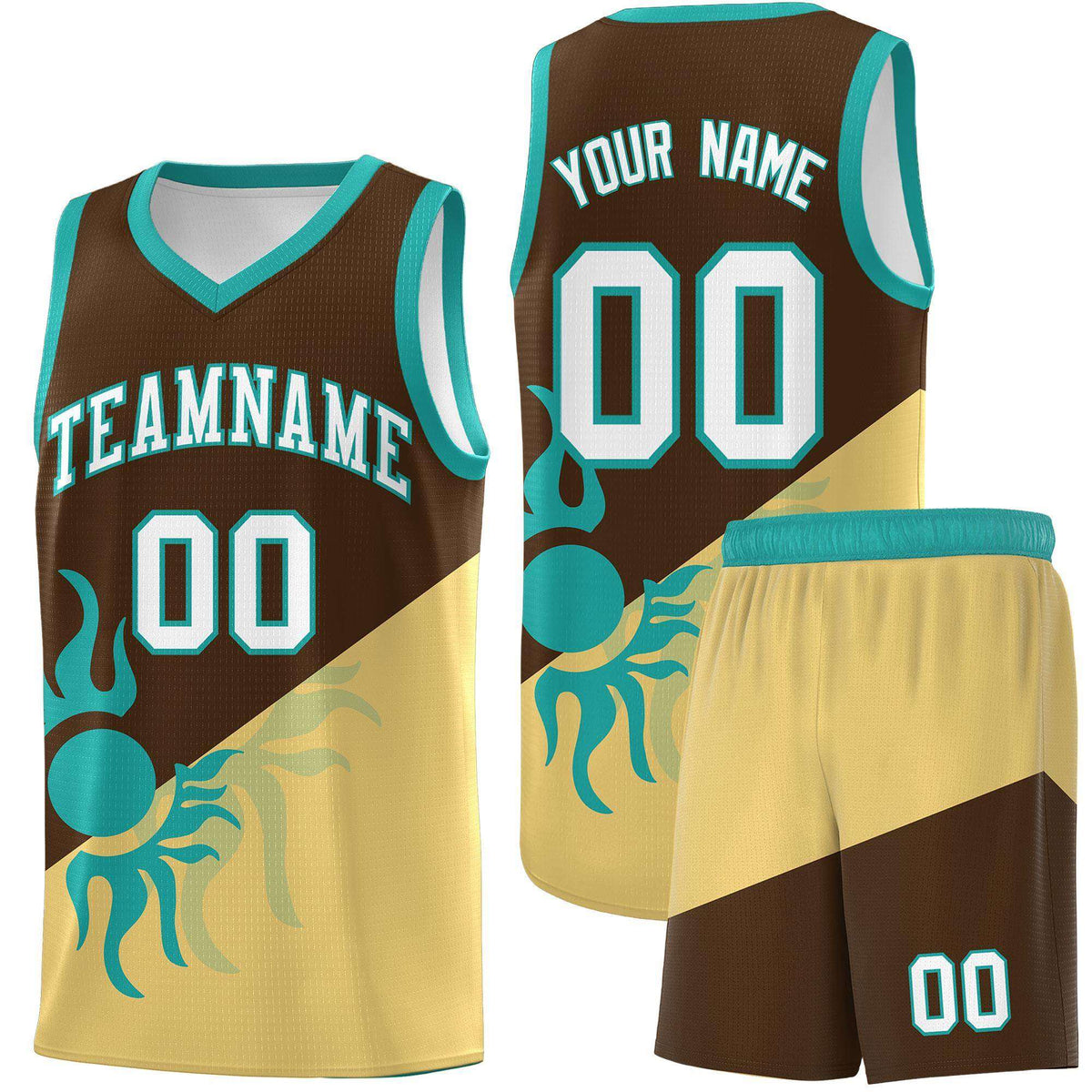 Custom Youth Basketball Jerseys - Brown Khaki Sunburst Design Two Tone Uniforms