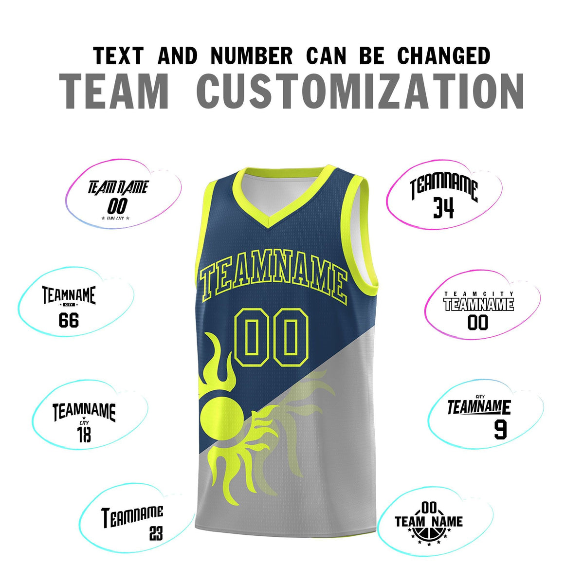 Custom Youth Basketball Jerseys - Gray Midnight Blue Radiant Sun Design Two Tone Uniforms