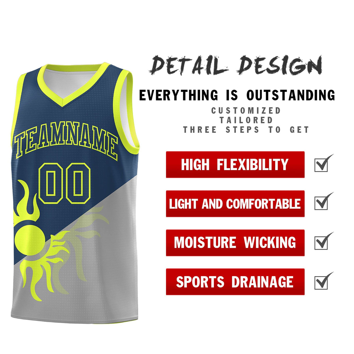 Custom Youth Basketball Jerseys - Gray Midnight Blue Radiant Sun Design Two Tone Uniforms