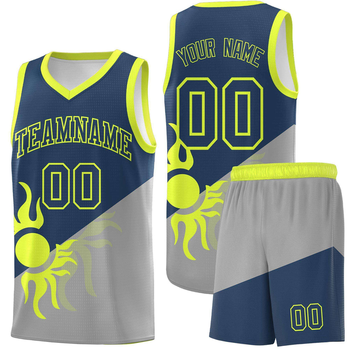 Custom Youth Basketball Jerseys - Gray Midnight Blue Radiant Sun Design Two Tone Uniforms