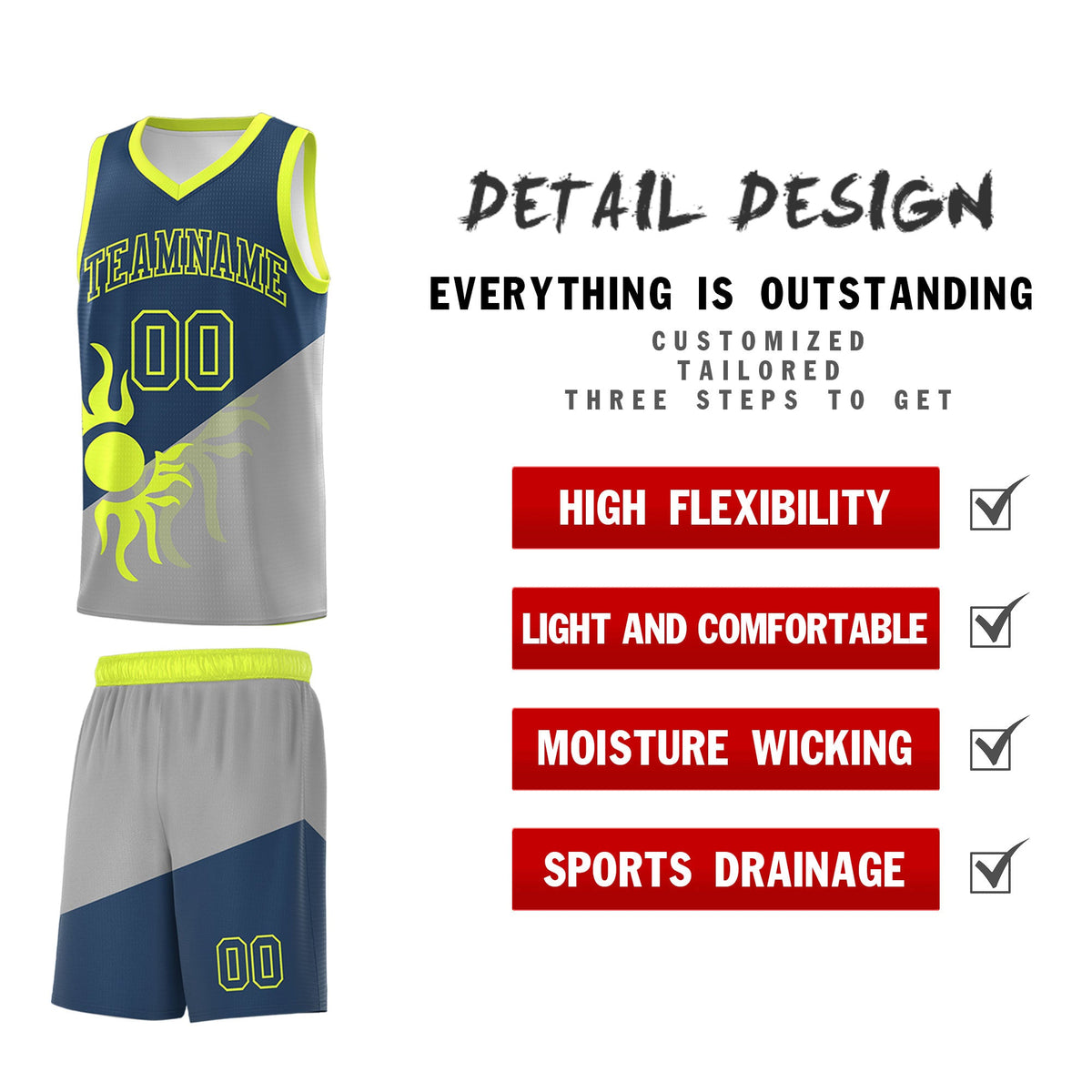 Custom Youth Basketball Jerseys - Gray Midnight Blue Radiant Sun Design Two Tone Uniforms