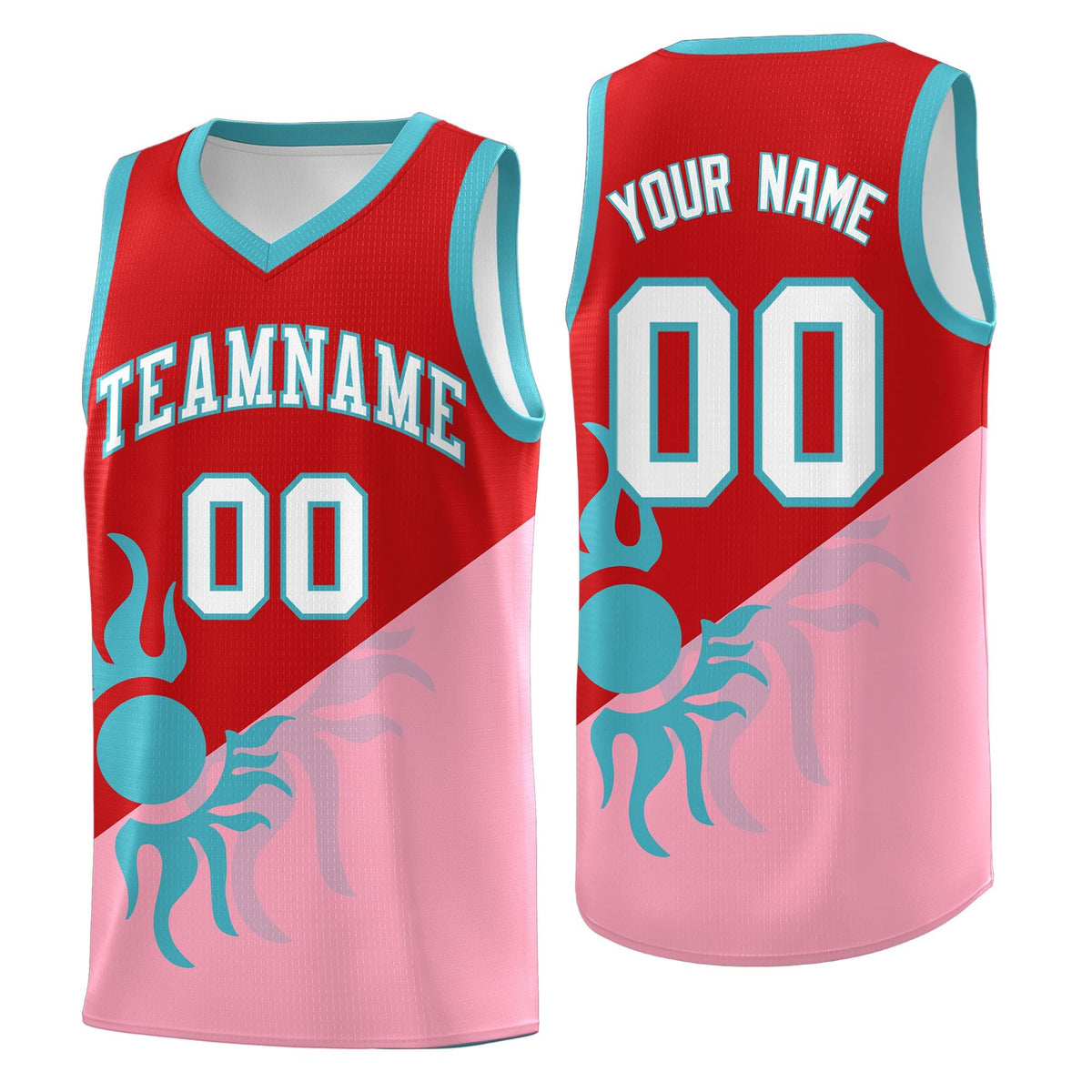 Custom Youth Basketball Jerseys - Red Light Pink Sunburst Design Two Tone Uniforms