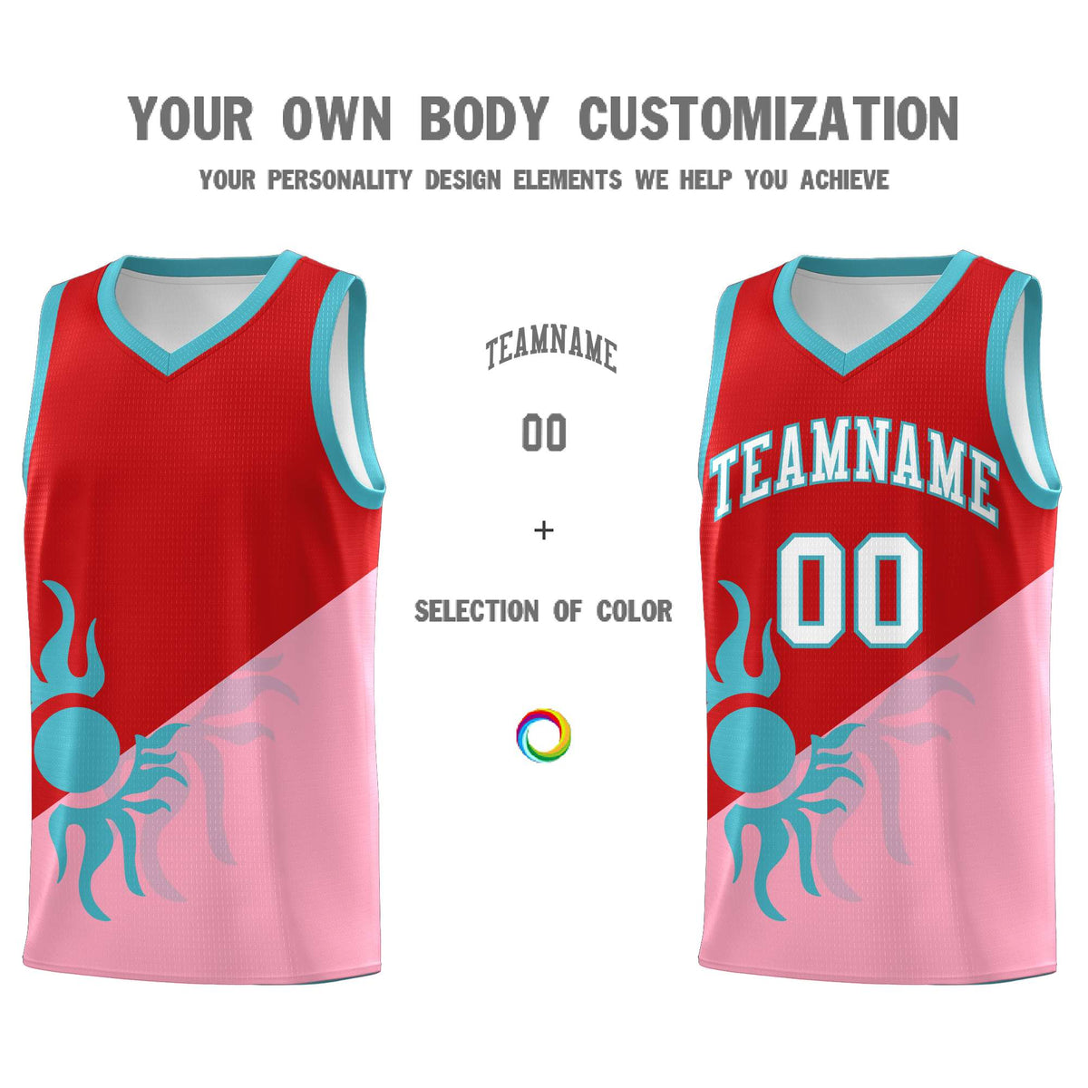 Custom Youth Basketball Jerseys - Red Light Pink Sunburst Design Two Tone Uniforms