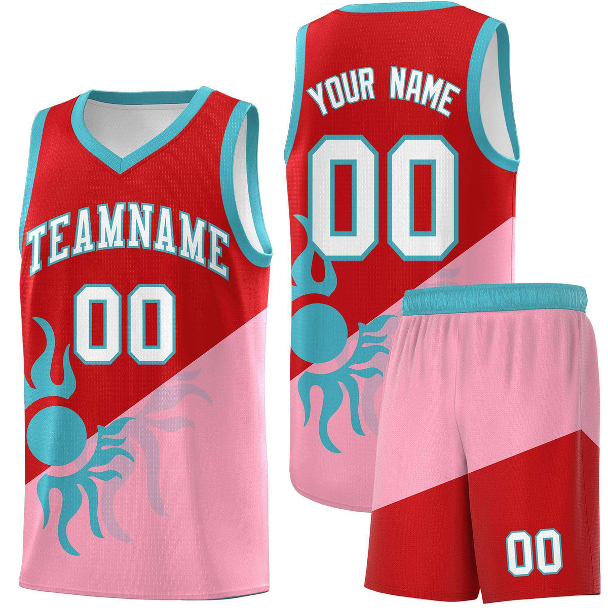 Custom Youth Basketball Jerseys - Red Light Pink Sunburst Design Two Tone Uniforms