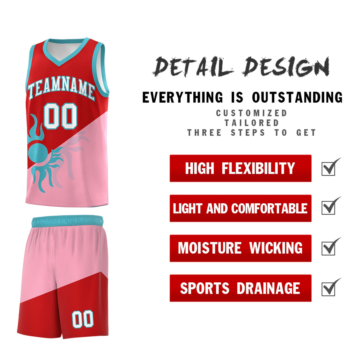 Custom Youth Basketball Jerseys - Red Light Pink Sunburst Design Two Tone Uniforms