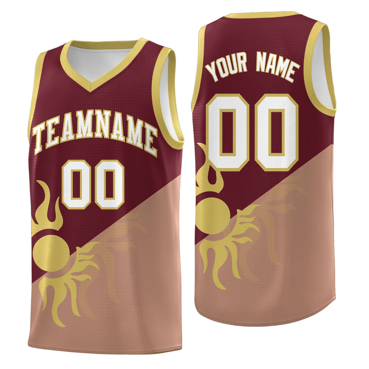 Custom Youth Basketball Jerseys - Maroon Coffee Radiant Sun Design Two Tone Uniforms