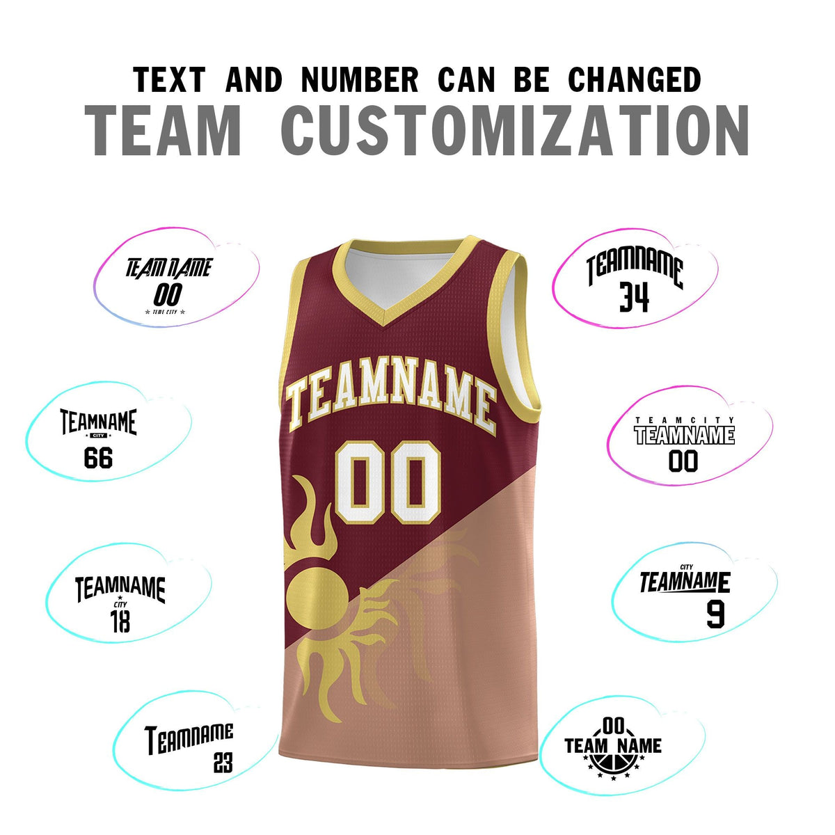 Custom Youth Basketball Jerseys - Maroon Coffee Radiant Sun Design Two Tone Uniforms