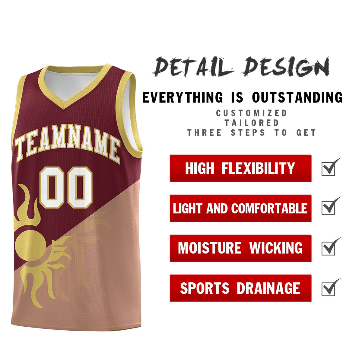 Custom Youth Basketball Jerseys - Maroon Coffee Radiant Sun Design Two Tone Uniforms