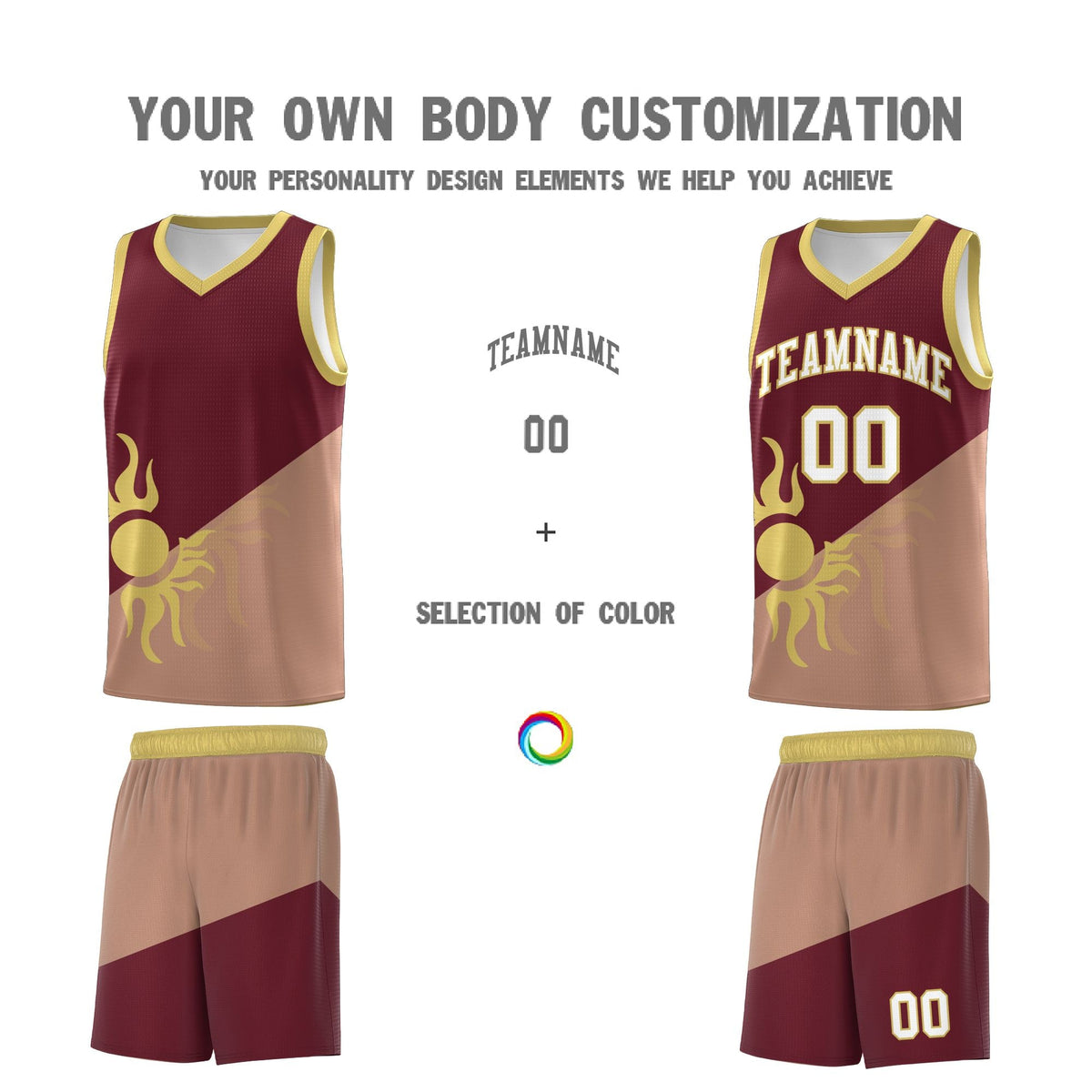 Custom Youth Basketball Jerseys - Maroon Coffee Radiant Sun Design Two Tone Uniforms
