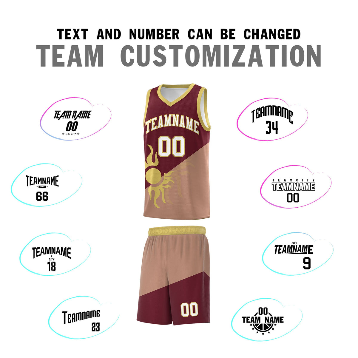 Custom Youth Basketball Jerseys - Maroon Coffee Radiant Sun Design Two Tone Uniforms