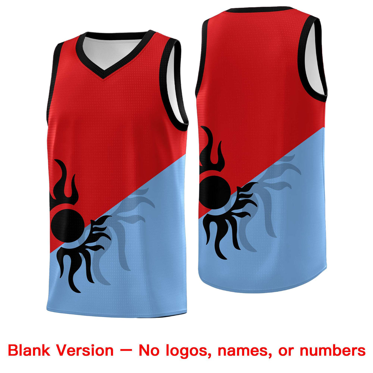 Custom Youth Basketball Jerseys - Red Powder Blue Radiant Sun Design Two Tone Uniforms