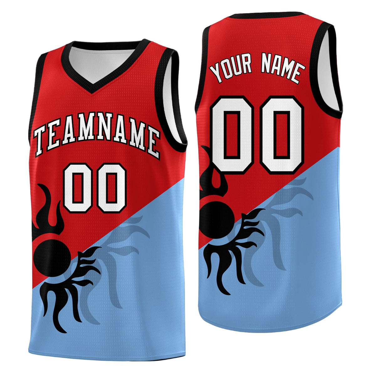 Custom Youth Basketball Jerseys - Red Powder Blue Radiant Sun Design Two Tone Uniforms