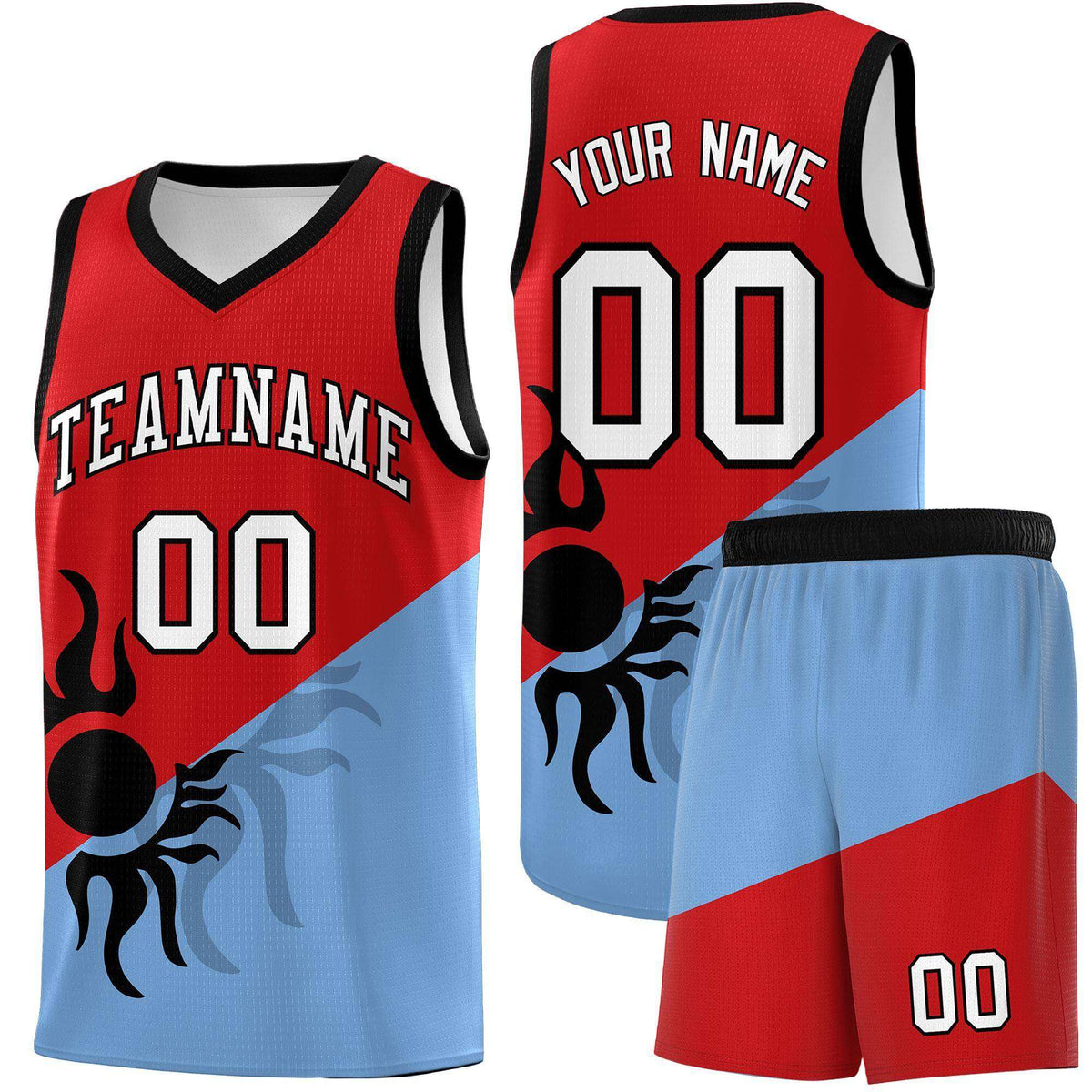 Custom Youth Basketball Jerseys - Red Powder Blue Radiant Sun Design Two Tone Uniforms