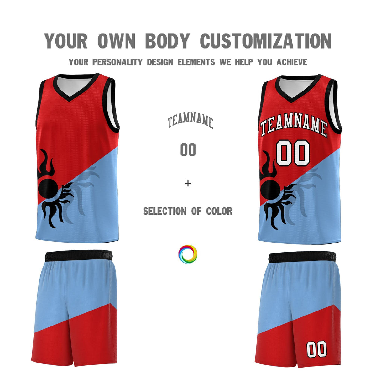 Custom Youth Basketball Jerseys - Red Powder Blue Radiant Sun Design Two Tone Uniforms