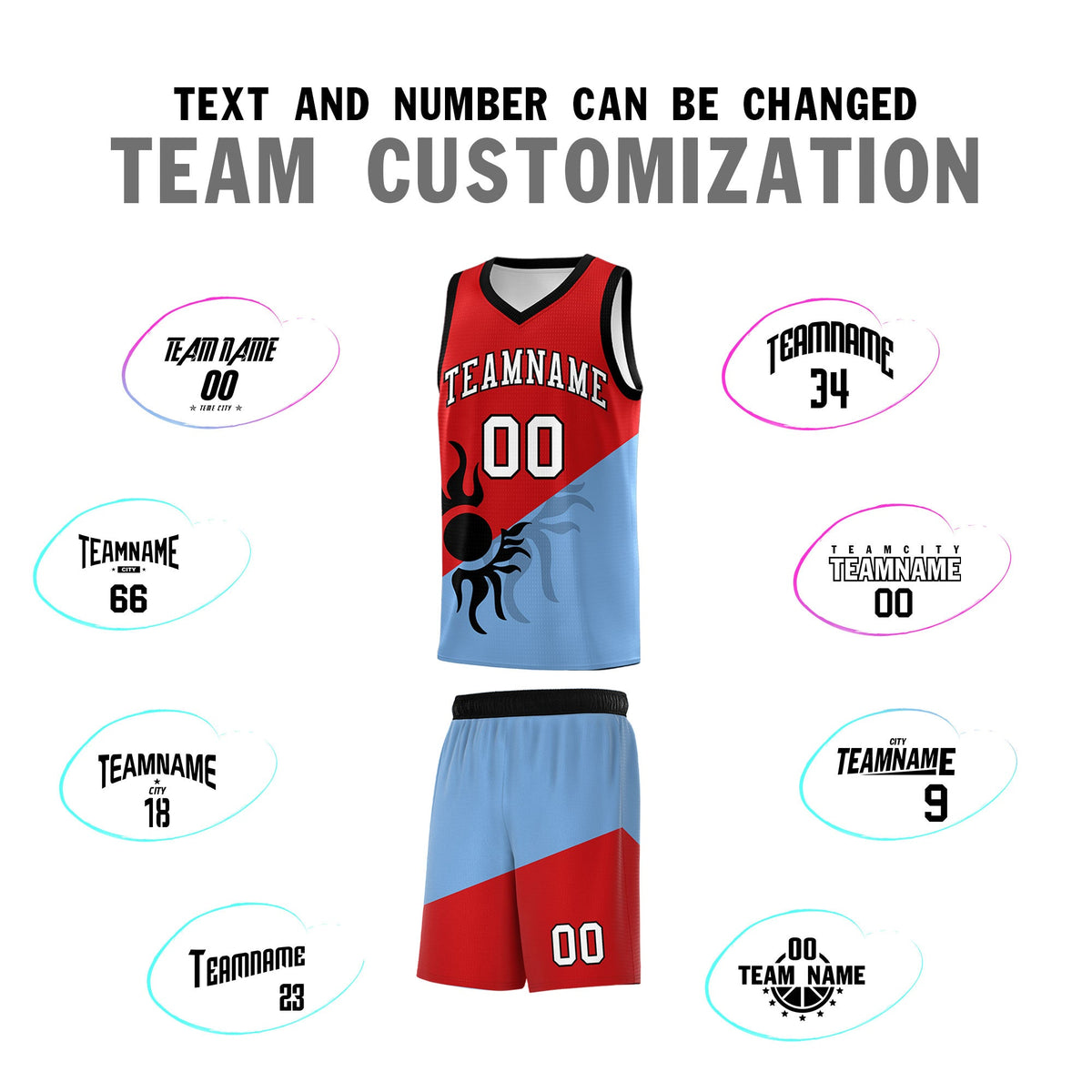 Custom Youth Basketball Jerseys - Red Powder Blue Radiant Sun Design Two Tone Uniforms